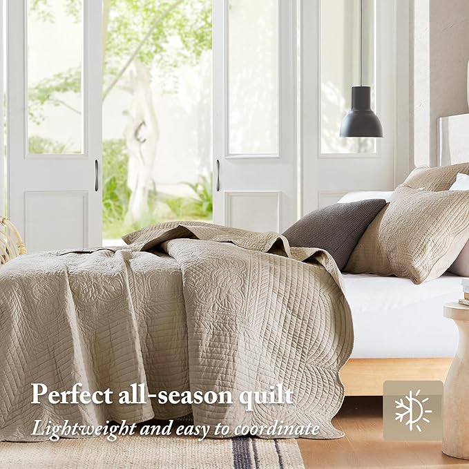 Madison Park King Quilt Set - Damask Coverlet Set for King Size Bed, Cottage Oversized Quilt Set, Scallop Edge, All Season, Pre-washed Cotton-Filled Quilt, Tuscany, Khaki 3 Piece