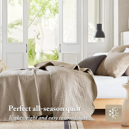 Madison Park King Quilt Set - Damask Coverlet Set for King Size Bed, Cottage Oversized Quilt Set, Scallop Edge, All Season, Pre-washed Cotton-Filled Quilt, Tuscany, Khaki 3 Piece