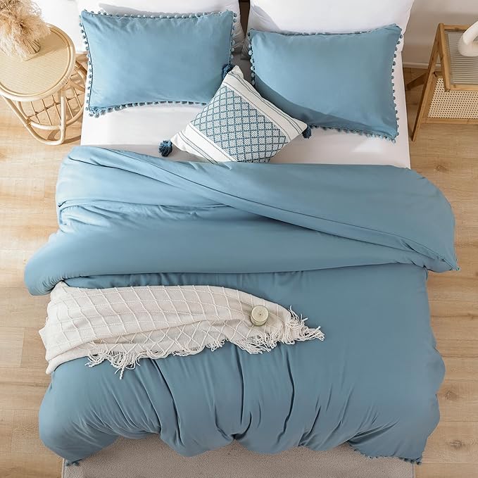 YIRDDEO Twin Comforter Set - Comforter Twin Size Bed with Ball Pom Fringe, Soft Bedding Set for All Seasons - 2 Pieces, 1 Comforter (66"x90") & 1 Pillow Sham(20"x26"), Dusty Blue