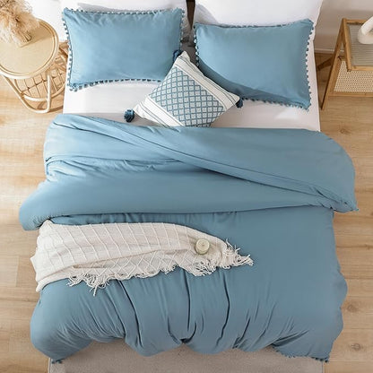 YIRDDEO King Size Comforter Set - King Size Comforter with Ball Pom Fringe, Soft King Bedding Set for All Seasons - 3 Pieces, 1 Comforter (104"x90"inches) & 2 Pillow Shams(20"x36"), Dusty Blue