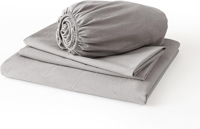 JIYUAN Queen Size Sheet Set, 4-Piece - 100% Washed Cotton, Linen-Like Soft & Breathable, Includes Deep Pocket Fitted & Flat Sheet with 2 Pillowcases, Hotel Quality, Heathered Pastel Grey