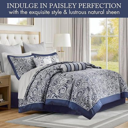 Madison Park Aubrey Cozy Comforter Set, Faux Silk Jacquard Paisley Design - All Season Down Alternative Bedding with Cotton Bed Sheets, Bed Skirt & Toss Pillows, California King Navy 12 Piece