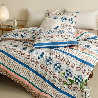 KAREVER Boho Comforter Twin Aztec Bedding Set Southwest Theme 3 PCs Bohemian Comforter Set Blue White Twin Size Comforter (68x90 Inches) with 2 Pillowcases (26x26 inches)
