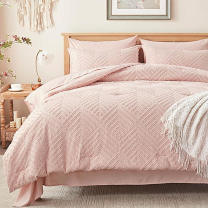 Zzlpp King Comforter Set 7 Pieces, Pink Tufted Bed in a Bag with Comforter and Sheets, All Season Boho Bedding Sets with 1 Comforter, 2 Pillow Shams, 2 Pillowcases, 1 Flat Sheet, 1 Fitted Sheet