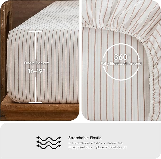 MooMee Stripes Fitted Bottom Sheet Only 100% Washed Cotton Linen Like Textured Breathable Durable Soft Comfy Deep Pocket (White Almond Milk Grey Wide Stripes, Queen)