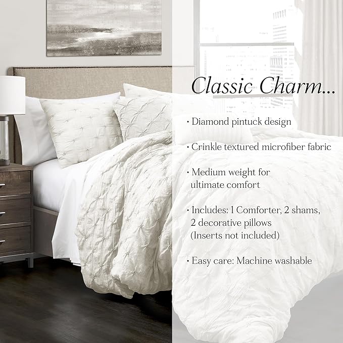 Lush Decor Ravello Pintuck Comforter Set - Luxe 5 Piece Textured Bedding Set - Traditional Glam & Farmhouse Inspired Bedroom Decor - Full/ Queen, White