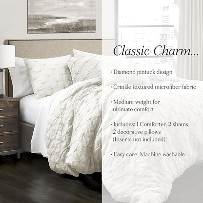 Lush Decor Ravello Pintuck Comforter Set - Luxe 5 Piece Textured Bedding Set - Traditional Glam & Farmhouse Inspired Bedroom Decor - King, White