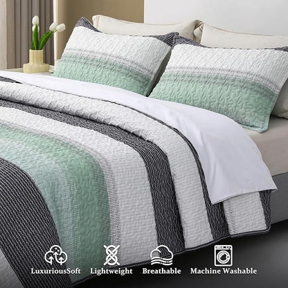 DURLENGEN Quilt Set California King Size 3Pcs,Soft Microfiber Lightweight Bedspread,White & Green Striped Geometric Pattern Coverlet for All Season Layering(Cal King 112x104, Mint Green)