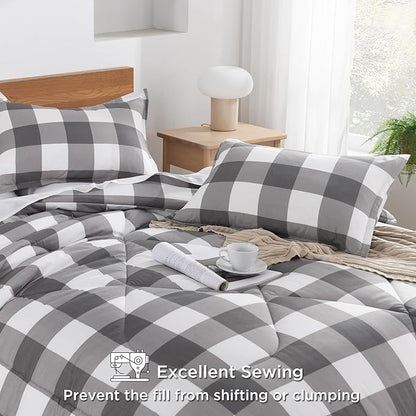 Andency Plaid Comforter Full(79x90Inch), Gray White Checkered Gingham Buffalo Bed Set for Boys Teens, Lightweight Bedding, 3 Pieces(1 Comforter & 2 Pillowcases)