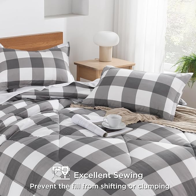Andency Plaid Comforter Twin(66x90Inch), Gray White Checkered Gingham Buffalo Bed Set for Boys Teens, Lightweight Bedding, 2 Pieces(1 Comforter & 1 Pillowcase)
