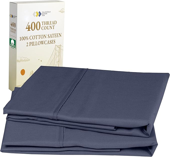 California Design Den King Size Pillowcase Set - 400 Thread Count, 100% Cotton Sateen, Set of 2 Pillow Covers, Soft and Breathable - Indigo Dusty Blue