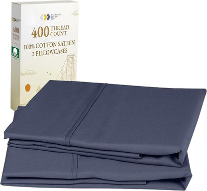 California Design Den Standard Queen Size Pillowcase Set - 400 Thread Count, 100% Cotton Sateen, Set of 2 Pillow Covers, Soft and Breathable - Indigo Dusty Blue