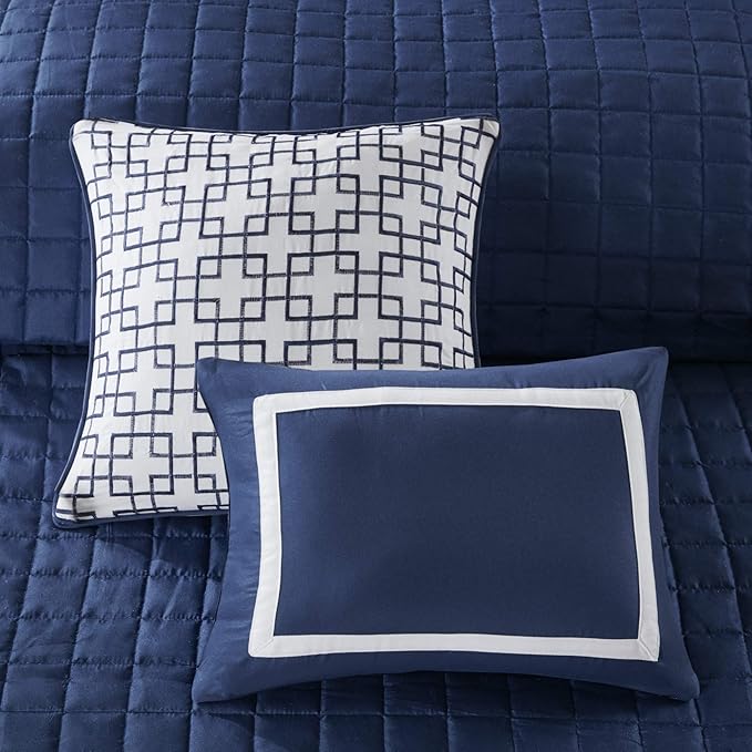 Madison Park Heritage Comforter Quilt Combo Set - Modern Luxury Design, All Season Down Alternative Bedding, Matching Shams, Decorative Pillows, Full/Queen(90"x90"), Color Block Navy 8 Piece