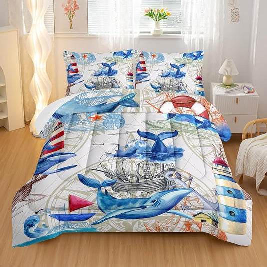 Nautical Whale Comforter Set King,Blue Whale Ocean Lighthouse 3 Pieces Bedding Set for Kids Boys Teens,Vintage Nautical Map Microfiber Lightweight Quilt Bedroom Decor with 2 Pillow Cases
