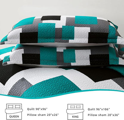 2 Piece Teal/Turquoise Grey Quilt Set Twin Size Black White Geometric Reversible Bedding Set Microfiber Lightweight Bedspread Coverlet with 1 Sham Modern Bed Covers for All Season, 68''x86''