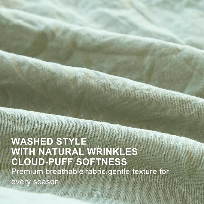 Sage Green Ruffle Comforter Set Queen, Pre-Washed Shabby Chic Bedding Set, Lightweight Cottagecore Soft Romantic Cozy 1 Comforter & 2 Shams, All-Season