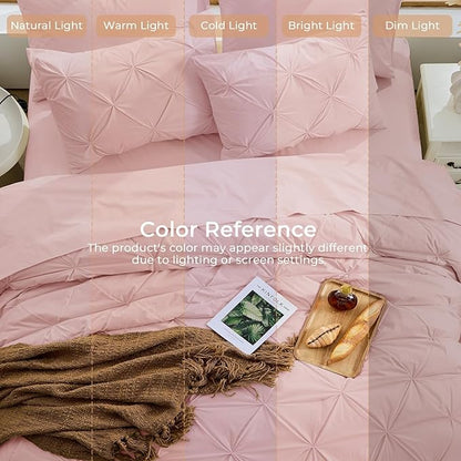 Sasttie King Size Comforter Set, 7-Piece Bed in a Bag, Pintuck Bedding Set for All Season, Includes Comforter, Flat Sheet, Fitted Sheet, Pillowcases and Pillowshams, Rose Gold