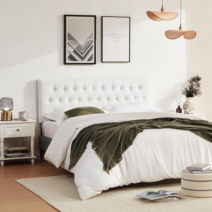 Upholstered Headboard California King, Adjustable Height 37''- 51'', White | Sturdy Durable Solid Wood Bed Headboard, Tufted Fabric California King Headboard, Modern Button Diamond Design Head Board