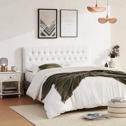Upholstered Headboard California King, Adjustable Height 37''- 51'', White | Sturdy Durable Solid Wood Bed Headboard, Tufted Fabric California King Headboard, Modern Button Diamond Design Head Board