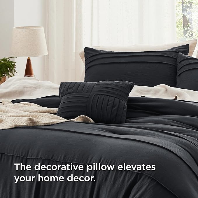 Bedsure Full Comforter Set - 4 Pieces Pinch Pleat Bed Set, Black Boho Bedding for All Season, 1 Soft Comforter, 2 Pillowcases, 1 Decorative Pillow