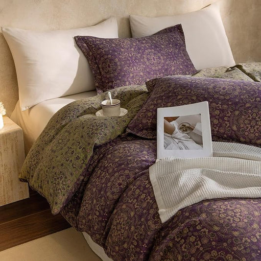 mixinni Purple Green Floral Duvet Cover Queen Size, Elegant Double-Layer Yarn Premium Cotton Vintage Duvet Cover Set, Exquisite Jacquard Design Bedding Set with 2 Pillowcases Perfect for Him and Her