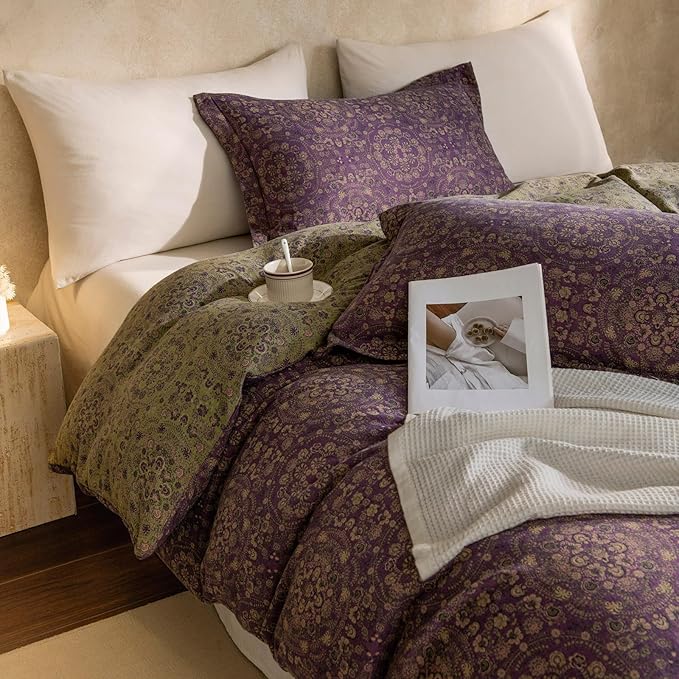mixinni Purple Green Floral Duvet Cover King Size, Elegant Double-Layer Yarn Premium Cotton Vintage Duvet Cover Set, Exquisite Jacquard Design Bedding Set with 2 Pillowcases Perfect for Him and Her