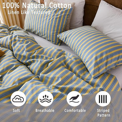 Merryword 100% Cotton Duvet Cover Set Queen Size, Blue & Yellow Striped Bedding Set with Zipper Closure and 8 Corner Ties, Modern Coastal Style Comforter Cover Set 3 Pieces