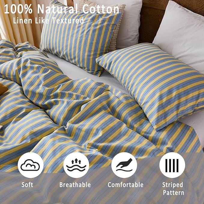 Merryword 100% Cotton Duvet Cover Set King Size, Blue & Yellow Striped Bedding Set with Zipper Closure and 8 Corner Ties, Modern Coastal Style Comforter Cover Set 3 Pieces