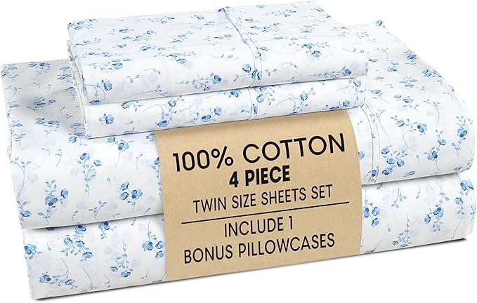 Casa Platino Twin Bed Sheets Set – 4 Piece Set Made from Natural 100% Cotton Sheets Twin, Soft Breathable Fabric, Tailored Fit with 15" Deep Pockets, Ideal for Modern Homes & Guest Beds – Floralis