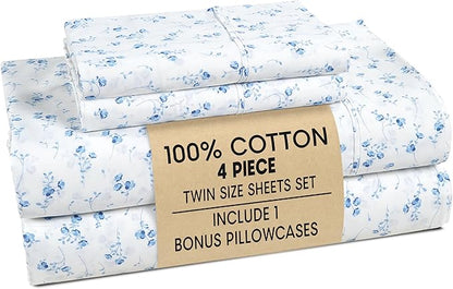 Casa Platino Twin Bed Sheets Set – 4 Piece Set Made from Natural 100% Cotton Sheets Twin, Soft Breathable Fabric, Tailored Fit with 15" Deep Pockets, Ideal for Modern Homes & Guest Beds – Floralis