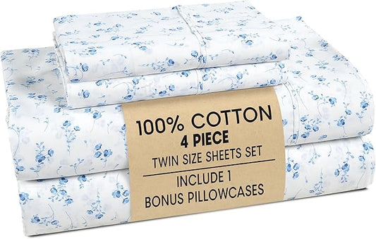 Casa Platino Twin Bed Sheets Set – 4 Piece Set Made from Natural 100% Cotton Sheets Twin, Soft Breathable Fabric, Tailored Fit with 15" Deep Pockets, Ideal for Modern Homes & Guest Beds – Floralis