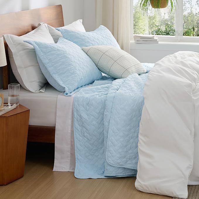 Bedsure Quilts King Size - Lightweight Bedspreads King Size with Basket Weave Pattern, Soft Quilt Bedding Set, Sky Blue Comforter Set Coverlet for All Seasons with 2 Pillow Shams (106" x 96") | Skin-Friendly Soft, All-Season Comfort, Breathable, Lightw...