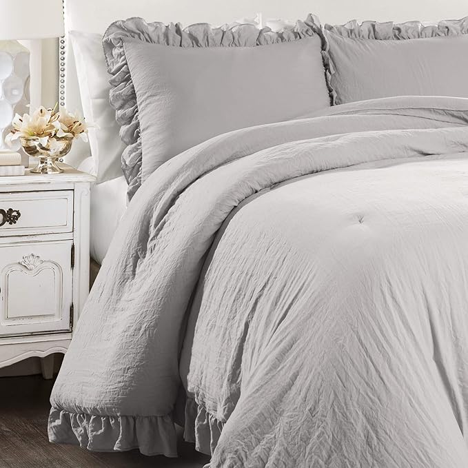 Lush Decor Reyna Ruffle Comforter Set, Full/Queen, Light Grey, 3 Piece Cozy Bedding Set