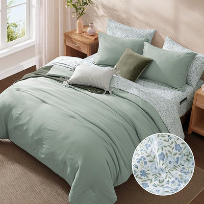 Monbix King Size Comforter Set - 7 Pieces Sage Green Prewashed Bed in a Bag King Bedding Sets with Comforters, All Seasons Ultra Soft Comforter Bed Set with Sheets,Pillowcases & Shams