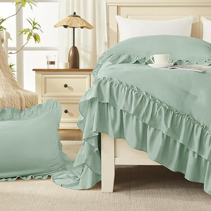 Andency Sage Green California King Comforter Set, 3 Pieces Farmhouse Shabby Chic Bedding Comforter Sets, Lightweight Fluffy Soft Polyester All Season Bed Set(104x96In Comforter)