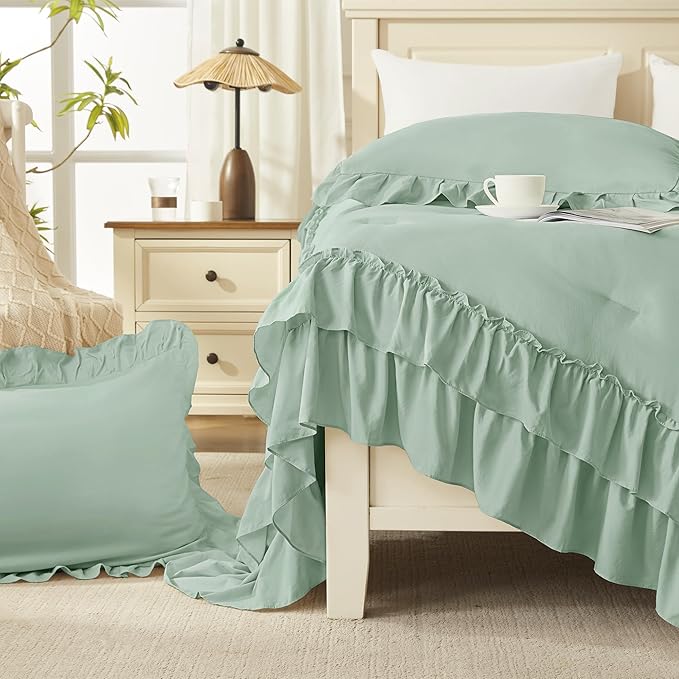 Andency Sage Green King Comforter Set, 3 Pieces Farmhouse Shabby Chic Ruffle Solid Comforter Sets, Lightweight Fluffy Soft Polyester All Season Bed Set(104x90Inch)