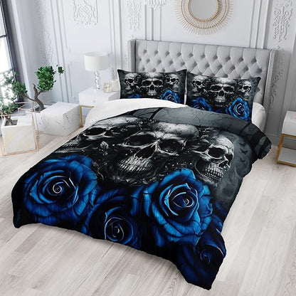 Gothic Queen Size Bedding Set - Skull & Rose Comforter, Black & Blue Quilt