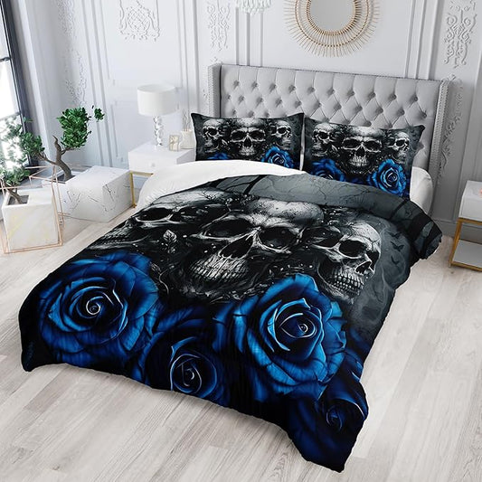 Gothic Queen Size Bedding Set - Skull & Rose Comforter, Black & Blue Quilt