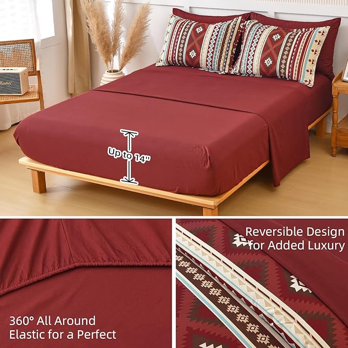 Dinjoy Boho King Size Bed in a Bag 7 Pieces,Red Comforter Set Aztec Striped Fall Bedding Set Bohemian Complete Set with Sheet Fluffy Geometric Burgundy Comforters for Women Men 90"×104"