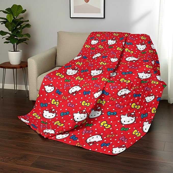 Northwest Sanrio Hello Kitty Rainbow Bows Quilted Throw, Comfy Throw, Adults Boys Girls, Soft Lightweight for Chair or Couch, 60 x 80 inches