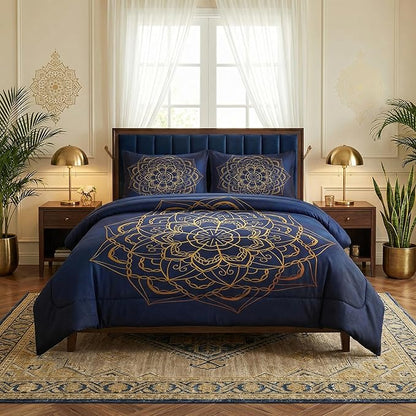 King Size Comforter Set with 2 Pillowcases, Navy Blue Boho Gold Mandala Soft 3 Pcs Bedding for Kids and Adults Bedroom Bed Decor