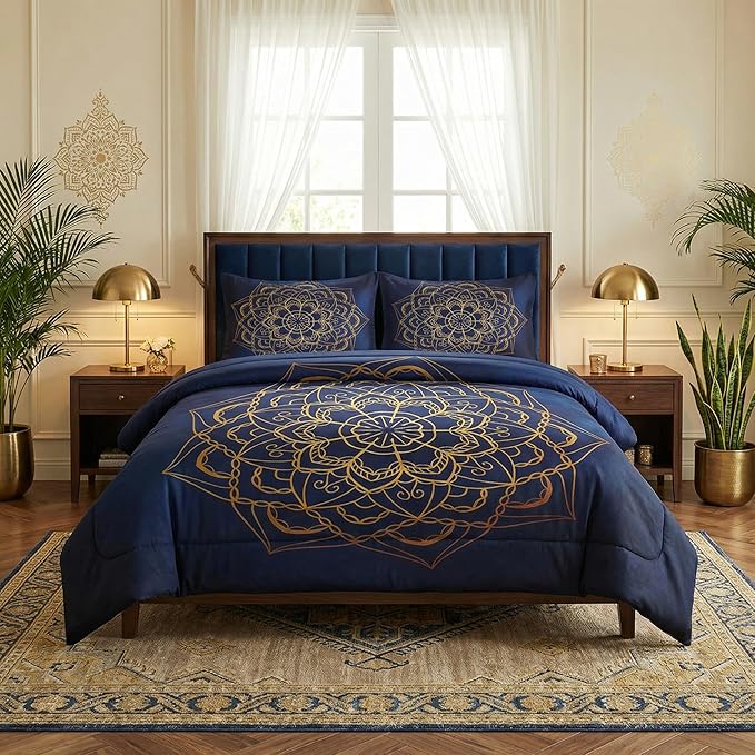 Full Size Comforter Set with 2 Pillowcases, Navy Blue Boho Gold Mandala Soft 3 Pcs Bedding for Kids and Adults Bedroom Bed Decor