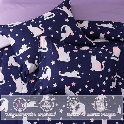 Full Size Comforter Set for Girls-7 Pieces Cute Cat Full Bedding Sets for Kids, Ultra Soft Bed in A Bag with Sheets