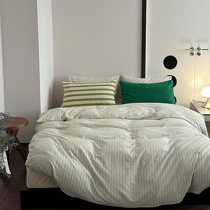 MKXI French Stripe Duvet Cover Set Twin XL - 3 Piece Vintage Aesthetic Bedding, 100% Washed Cotton, Yellow & White Vertical Stripes, Zipper Closure & Corner Ties, Modern Farmhouse Style