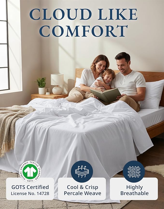 LANE LINEN 100% Organic Cotton Printed California King Sheets Set, 4-Piece All Season Fully Elasticized Deep Pocket Fits Mattress Upto 15", Mercerized Printed Cal King Sheet Set -Ticking Stripe Blue