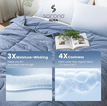 Amélie Home Cooling Comforter Twin Size, Dual-Sided Lightweight Cooling Blanket for Hot Sleepers, Q-Max 0.43 Breathable Cooling Quilt for Night Sweats, 68" x 90", Heather Denim Blue