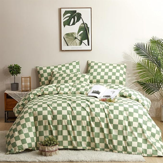 Houseri Green and White Plaid Comforter Set Twin Boys Girls Kids Sage Green Bedding Sets Twin Size Light Green Grid Comforters Soft Beige Green Buffalo Checkered Quilt Light Green Gingham Bed Twin