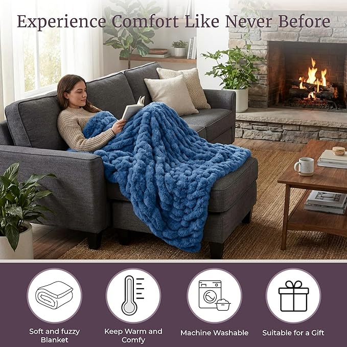 Lavish Home Oversized Ruched Faux Fur Blanket - 60x80-Inch Plush Polyester Faux Fur Queen-Size Throw for Sofas and Beds - Luxurious Bedding (Blue)