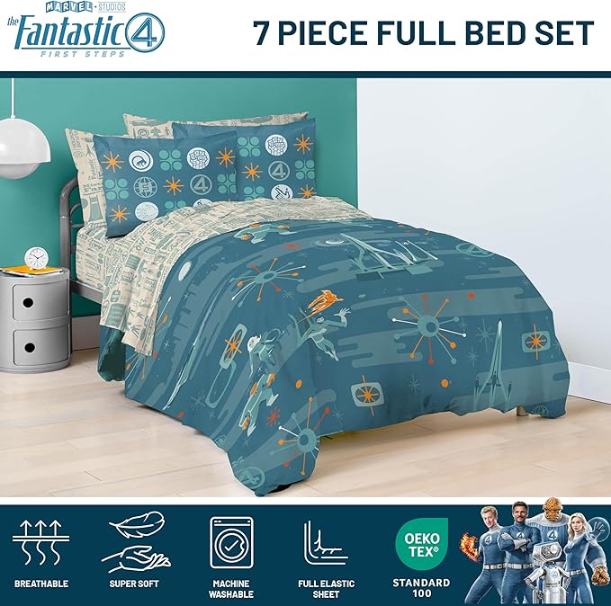 Jay Franco Comforter Set Includes Sheets and Pillow Covers - Soft and Cozy Bed Set for Stylish Room Decor, Blue - The Fantastic Four, 7 Piece Full Size Bedding