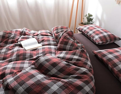 VM VOUGEMARKET Red Gingham Duvet Cover King Muslin Cotton Plaid Bedding Set Soft Breathable Linen Like Gauze Comforter Cover with Zipper Closure for Adults-3 Pieces,104"x90"